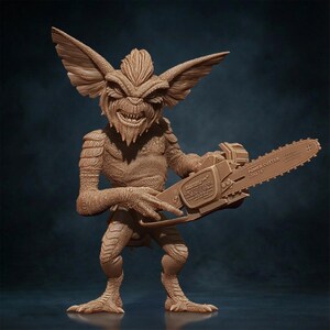 May include: A brown Gremlin figure with a chainsaw. The figure has large ears, a spiky mohawk, and a menacing grin. The chainsaw has the text "POWER CUTTER 2000/14".