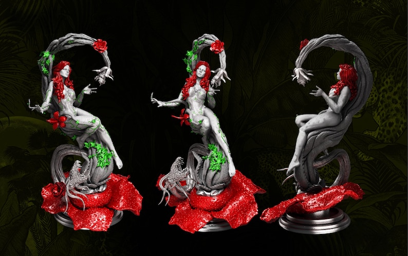 May include: Three statues of a woman with red hair and a floral theme. The statues are gray and white with red and green accents. The woman is seated on a large red flower base, with a vine-like structure above her head.