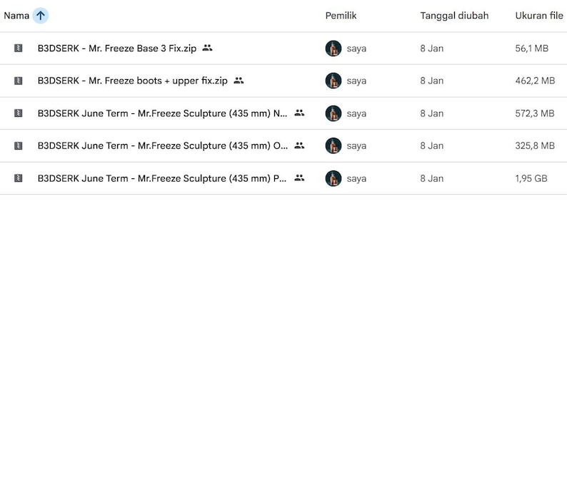 May include: A screenshot of a file directory with file names related to "Mr. Freeze" and a sculpture, including file sizes and modification dates. The files are organized in a list format.