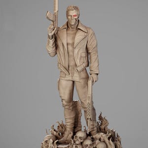 May include: A beige-colored statue of a cyborg figure, holding two firearms. The figure is wearing a jacket and pants, with a portion of the face revealing robotic components. The statue stands on a base of skulls and flames.