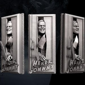 May include: Black and white sculpture of a man breaking through a door frame, holding an axe. The text "HERE'S JOHNNY" is displayed on the door frame. The sculpture is a detailed, artistic representation.