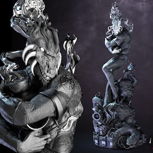 May include: A detailed grayscale sculpture of a creature with a dragon-like head embracing a humanoid figure. The sculpture has intricate details, with flowing, flame-like elements and a textured surface. The overall theme is fantasy or mythological.