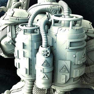 May include: A detailed, monochromatic image of a futuristic backpack with two cylindrical tanks. The tanks are connected by flexible tubing and feature valve controls and warning symbols. The design has a rugged, industrial aesthetic with visible wear and tear.