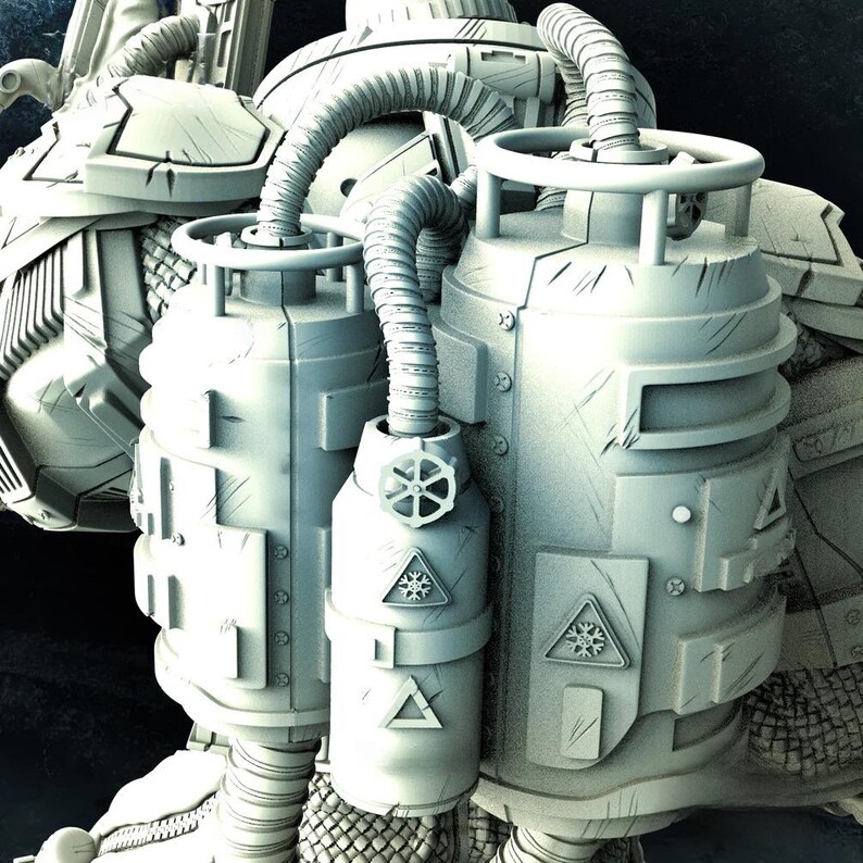May include: A detailed, monochromatic image of a futuristic backpack with two cylindrical tanks. The tanks are connected by flexible tubing and feature valve controls and warning symbols. The design has a rugged, industrial aesthetic with visible wear and tear.
