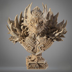 May include: A detailed, beige-colored bust sculpture of a mythical creature with a crown of layered, pointed elements. The bust features intricate carvings, including a face with sharp features and a decorative emblem on the chest. The sculpture is mounted on a detailed base.