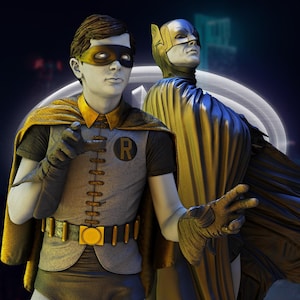 May include: A detailed image of two superhero figures, Robin and Batman, in a dark setting. Robin is in a gray and yellow costume with a black mask. Batman is in a blue and yellow cape and cowl. The background features a cityscape and a large white circle.