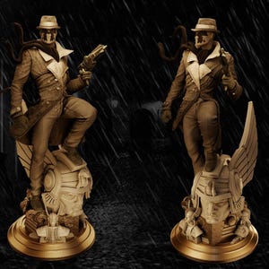 May include: Two statues of a character in a trench coat, fedora, and mask, holding a gun. The statues are on a pedestal with a gold base and detailed carvings. The background is a sepia-toned rainy scene.