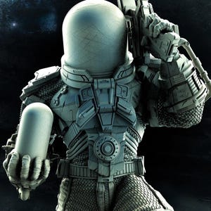 May include: A detailed, gray astronaut suit with a helmet, chest armor, and a weapon. The suit has intricate designs and textures, suggesting a futuristic or science fiction theme. The astronaut is holding a cylindrical object in one hand.
