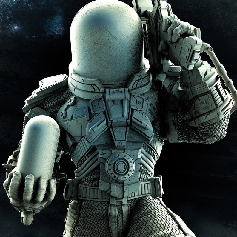 May include: A detailed, gray astronaut suit with a helmet, chest armor, and a weapon. The suit has intricate designs and textures, suggesting a futuristic or science fiction theme. The astronaut is holding a cylindrical object in one hand.