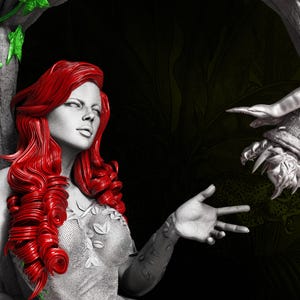 May include: A statue of a woman with vibrant red hair and a gray and white dress, with green vines and leaves. A detailed, gray, plant-like sculpture is in the background. The image has a dark, dramatic aesthetic.