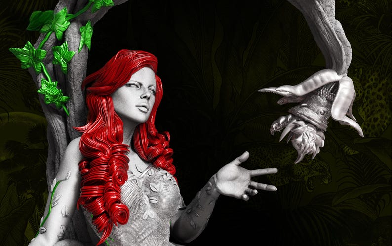 May include: A statue of a woman with vibrant red hair and a gray and white dress, with green vines and leaves. A detailed, gray, plant-like sculpture is in the background. The image has a dark, dramatic aesthetic.
