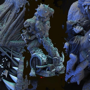 May include: A detailed statue depicting Batman in a fight with a monstrous creature. The statue is mainly blue and grey, with intricate detailing on the characters and environment. The Batman logo is in the upper left corner.