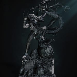 May include: A detailed grayscale sculpture depicting a battle between a Predator and an Alien. The Predator, wielding a blade, faces off against the Alien, with both figures dynamically posed. The base features Alien eggs and other thematic elements.