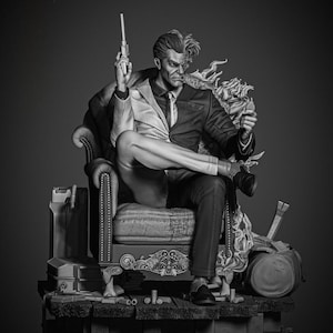 Puede incluir: Estatua en blanco y negro de Dos Caras de DC Comics. El personaje está sentado en un sillón detallado, sosteniendo una pistola. Un lado de su rostro y traje es normal, el otro está marcado y dañado. La estatua es muy detallada.