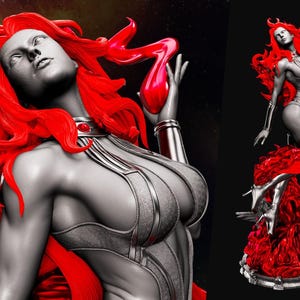 May include: A grayscale statue of a female figure with flowing red hair and a metallic bodysuit. The figure is holding a red object. The words "star fire" are in the upper left corner. A smaller version of the statue is on the right.
