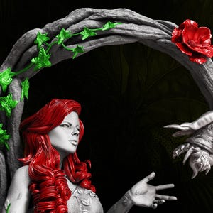 May include: A statue of a woman with red hair and a green and white outfit, with a vine archway overhead. The archway has green leaves, a red rose, and a unique, stylized flower. The background is dark with a jungle theme.