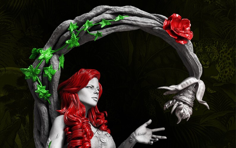 May include: A statue of a woman with red hair and a green and white outfit, with a vine archway overhead. The archway has green leaves, a red rose, and a unique, stylized flower. The background is dark with a jungle theme.