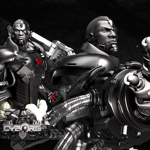 May include: A digital illustration of Cyborg, a character with metallic body parts and a human face. The image is predominantly black and silver, with red accents on the chest and hand. The word "CYBORG" is visible at the bottom.