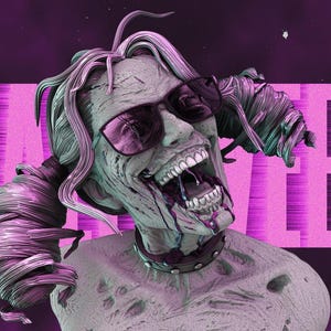 Può includere: Illustrazione digitale di una figura simile a uno zombie con occhiali da sole e un collare borchiato. La figura ha la pelle in decomposizione, i denti scoperti e sangue che cola dalla bocca. La parola "HALLOWEEN" è visualizzata in rosa.
