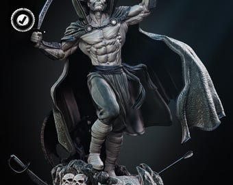 Peut inclure: Statue détaillée d'une figure musclée à la peau pâle, avec une cape, tenant une épée incurvée. La figure se tient sur une base avec des crânes et d'autres armes. La statue a une expression sévère et est posée avec un bras levé.