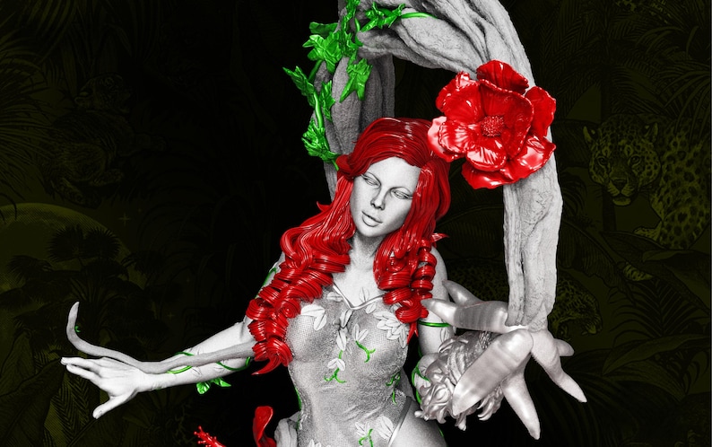 May include: A statue of a woman with red hair and a gray and white outfit, adorned with green vines. A large red flower and gray tree-like structure are behind her. The background is dark with a jungle theme.