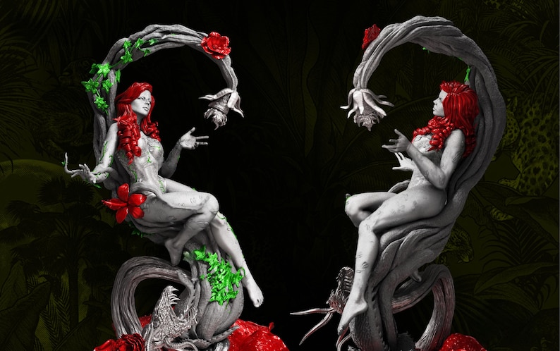 May include: Two statues of a woman with red hair and a floral design, seated on a tree branch. The statues are gray with red and green accents. The background is dark with green foliage.