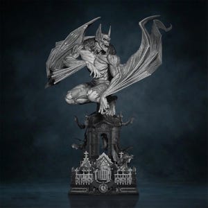 May include: A grayscale statue of a winged demon figure, with sharp teeth and outstretched wings, perched on an elaborate architectural base. The base features gothic elements, including arches, spires, and a clock. The statue is highly detailed and has a menacing appearance.