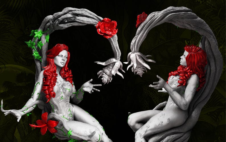 May include: A grayscale sculpture of two figures with red hair and floral accents. The figures are framed by a tree-like structure with red roses and green vines. The background is dark with green foliage.