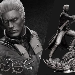May include: Black and white statue of a character from the video game Devil May Cry. The statue depicts a man with white hair and a stern expression, wearing a long coat and holding a sword. The statue is on a detailed base.