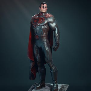 Może przedstawiać: Pełnowymiarowa statua superbohatera w ciemnoniebieskim i szarym kostiumie z czerwoną peleryną. Kostium posiada czerwony emblemat na piersi i czerwoną klamrę paska. Postać stoi na kamiennej podstawie.