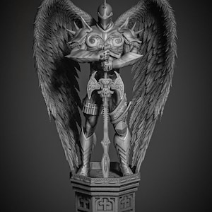 May include: A grayscale sculpture of an armored figure with large feathered wings, holding a sword. The figure is standing on a decorative pedestal. The armor has spiked shoulder pads and a helmet. The wings are spread wide.