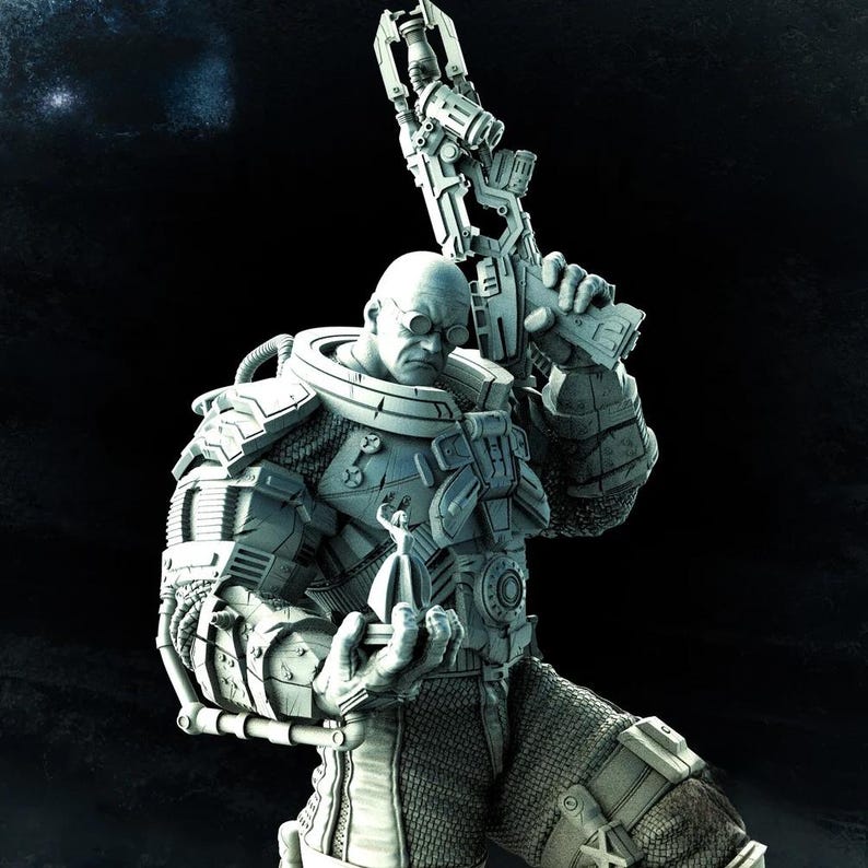 May include: A detailed, gray-toned figurine of a bald, muscular character in futuristic armor, holding a large weapon. The figure wears round glasses and has a stern expression. The background is dark, emphasizing the figure's intricate design.