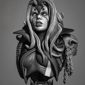 Op de afbeelding: Een grijswaarden buste van een vrouwelijk personage met lang haar en een masker. Het personage draagt een gedetailleerde gepantserde top met een schouderschild van een schedel en een ketting. De basis heeft schedels en een logo.