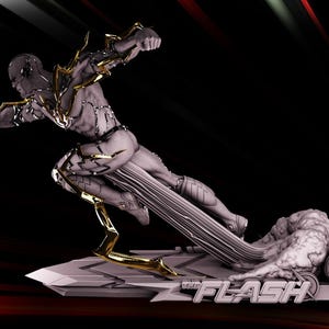 May include: A statue of The Flash in a dynamic running pose, with a gray and gold color scheme. The figure is on a base with the word "FLASH" and a stylized cloud effect. The background is black with red and white streaks.
