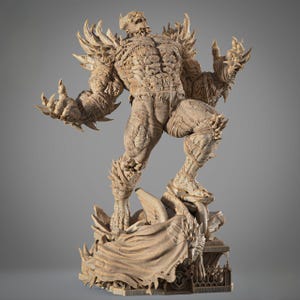 May include: A detailed sculpture of a muscular, humanoid figure with a textured, weathered appearance. The figure is posed dynamically, with outstretched arms and a powerful stance. The sculpture is in a neutral color, with intricate details.