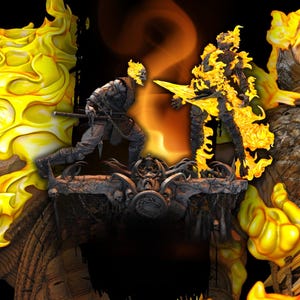 May include: An action-packed image showcasing a skull and two figures, all with yellow flames. One figure is running, the other is standing. The dark background accentuates the fiery details of the figures and skull.