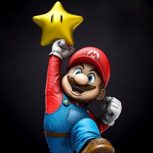Puede incluir: Ilustración digital de Mario, un personaje de la serie de videojuegos Super Mario, sosteniendo una estrella amarilla. Mario lleva un gorro rojo con una "M" blanca, una camisa roja, un peto azul y zapatos marrones. El fondo es negro.