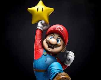 Op de afbeelding: Een digitale illustratie van Mario, een personage uit de Super Mario-videogame-serie, die een gele ster vasthoudt. Mario draagt een rode hoed met een witte "M", een rood shirt, blauwe overalls en bruine schoenen. De achtergrond is zwart.