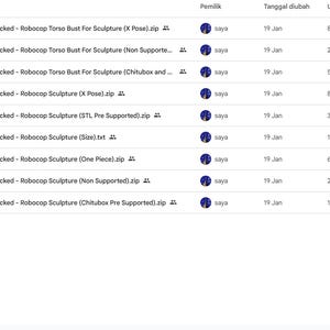 Puede incluir: Una captura de pantalla de un directorio de archivos con varios archivos comprimidos relacionados con esculturas "Wicked - Robocop". Los archivos incluyen variaciones de "Torso Bust" y "Sculpture", con tama&ntilde;os de archivo que van desde 155 bytes hasta 5,13 GB. Los archivos se modificaron el 19 de enero.