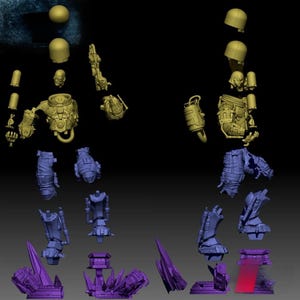 May include: An exploded view of a miniature figure, showcasing individual components. The parts are in shades of yellow, blue, and purple, including a helmet, torso, legs, and base. The background is dark.