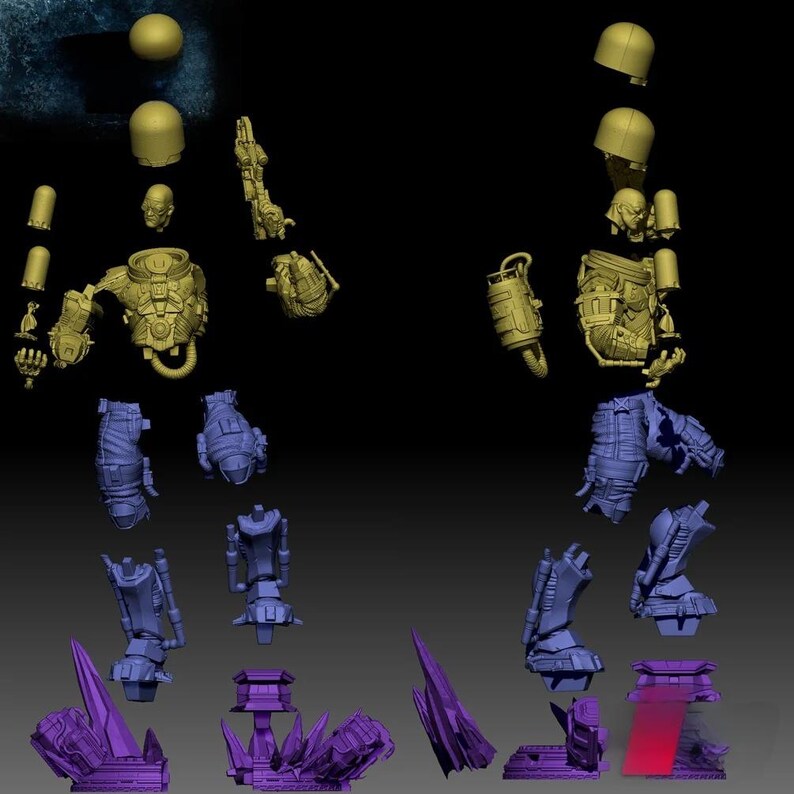 May include: An exploded view of a miniature figure, showcasing individual components. The parts are in shades of yellow, blue, and purple, including a helmet, torso, legs, and base. The background is dark.