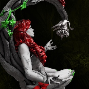 May include: A statue of a woman with red hair, seated within a tree-like structure. The statue is primarily grayscale, with pops of red and green. The background features a jungle scene with a jaguar.