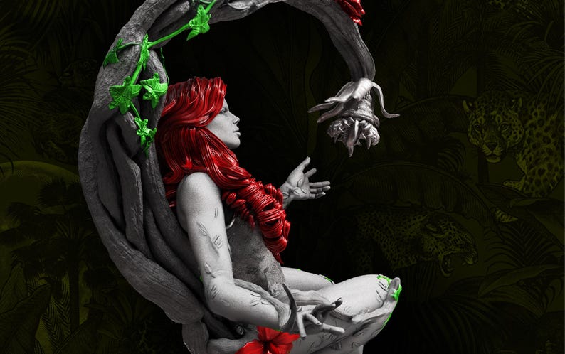 May include: A statue of a woman with red hair, seated within a tree-like structure. The statue is primarily grayscale, with pops of red and green. The background features a jungle scene with a jaguar.