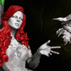 May include: A grayscale statue of a woman with vibrant red hair, wearing a leaf-patterned top, and reaching out towards a silver, plant-like sculpture. Green vines accent the statue and background.
