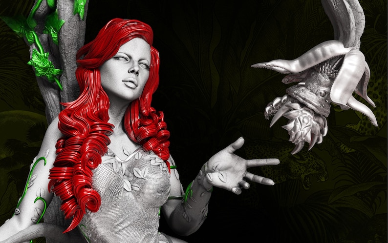 May include: A grayscale statue of a woman with vibrant red hair, wearing a leaf-patterned top, and reaching out towards a silver, plant-like sculpture. Green vines accent the statue and background.