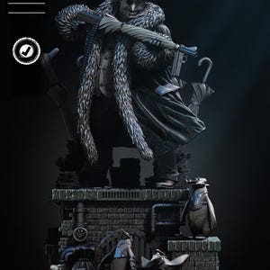 Puede incluir: Estatua detallada del Pingüino, personaje de los cómics de Batman, con sombrero de copa y abrigo forrado de piel, sosteniendo una ametralladora y un paraguas. La estatua está sobre una plataforma de ladrillo con otras figuras de pingüinos.