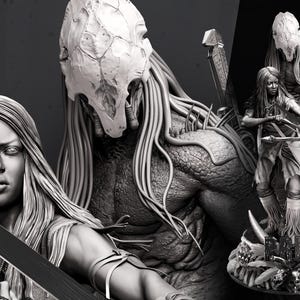 Puede incluir: Escultura en escala de grises que representa a una mujer con pelo largo y una espada, junto a una criatura con cabeza de calavera y cuerpo texturizado. También hay una escultura más pequeña de una mujer con arco y flecha y un perro.