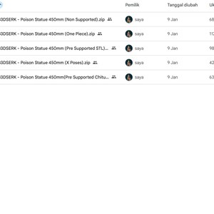 May include: A screenshot of a file directory, displaying file names, owners, modification dates, and file sizes. The files are related to a "Poison Statue" with a size of 450mm. The file types include .zip and .stl.