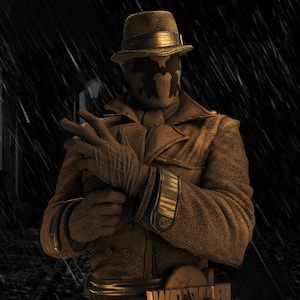 May include: A figure in a brown trench coat, fedora, and gloves, with a mask featuring a symmetrical inkblot design. The figure is standing in the rain. The belt buckle reads "WATCHMEN".