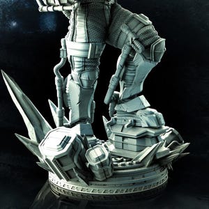 May include: A detailed, light gray sculpture of a futuristic figure's lower body and legs, clad in armored gear. The figure stands on a complex, geometric base with spiky protrusions, suggesting a science fiction or fantasy theme. The overall design is intricate and mechanical.